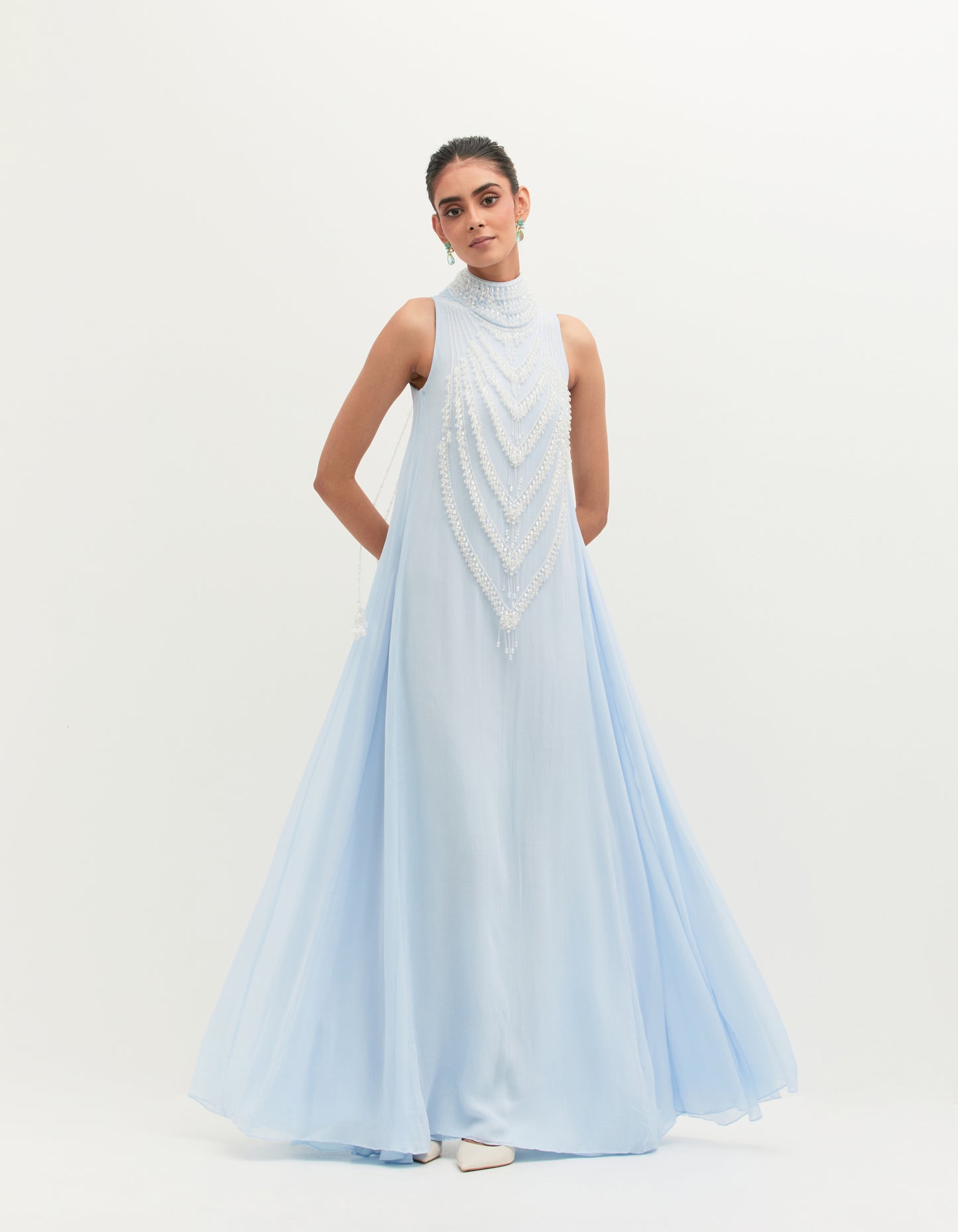 Ice Blue Georgette Embroidered Gown
