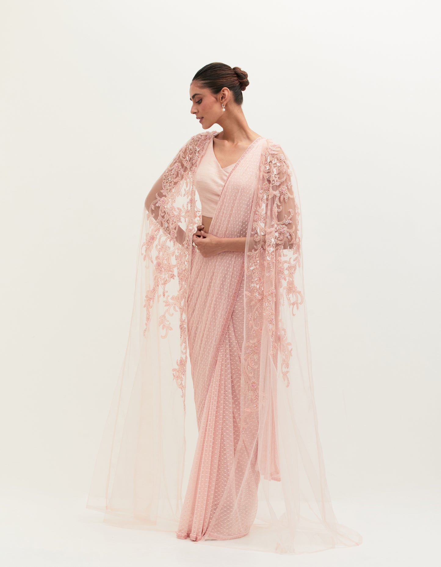 Pink Tulle Embroidered Saree Set