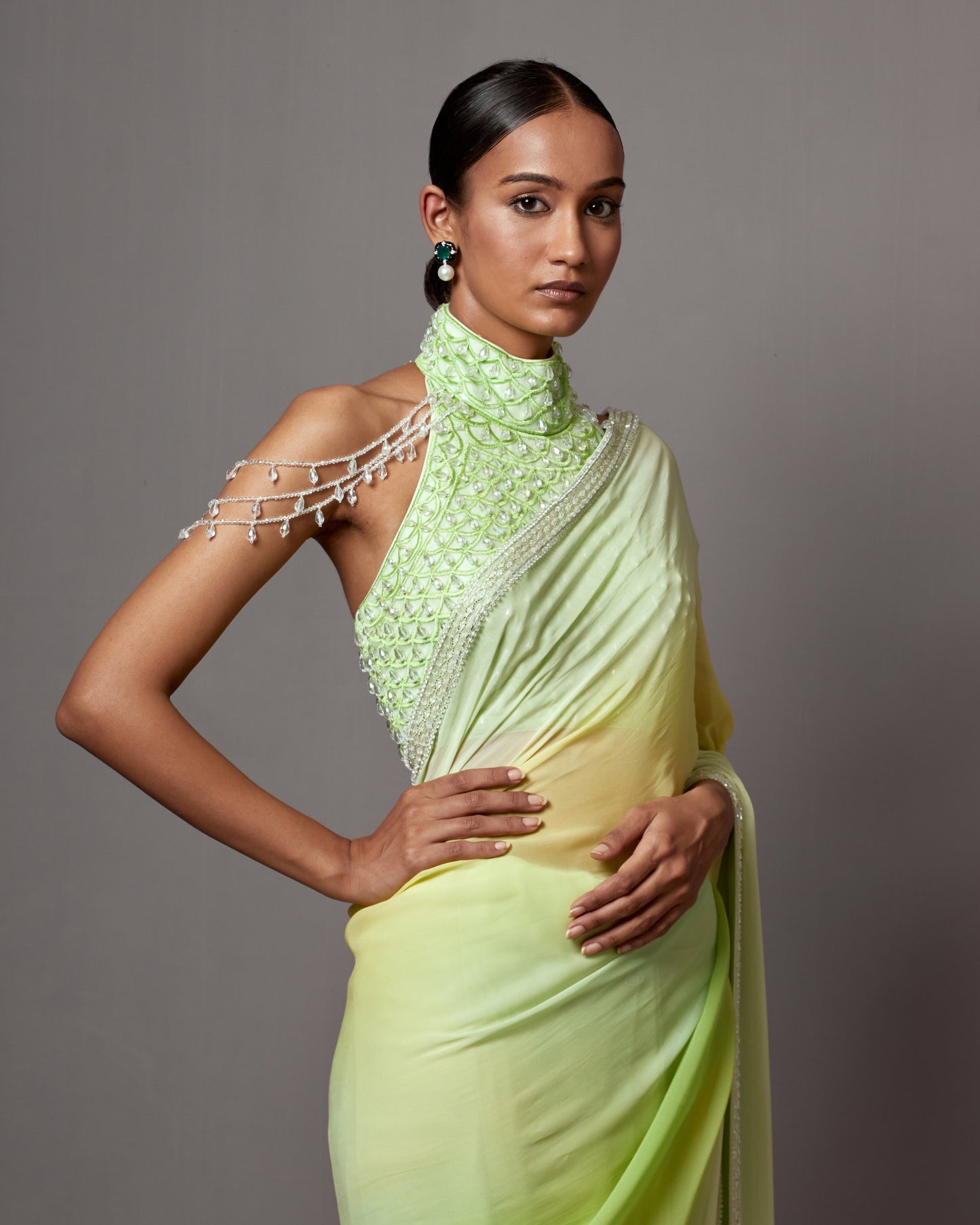 Riddhima Kapoor in Lime & Yellow Georgette Crystal Work Ombre Saree Set