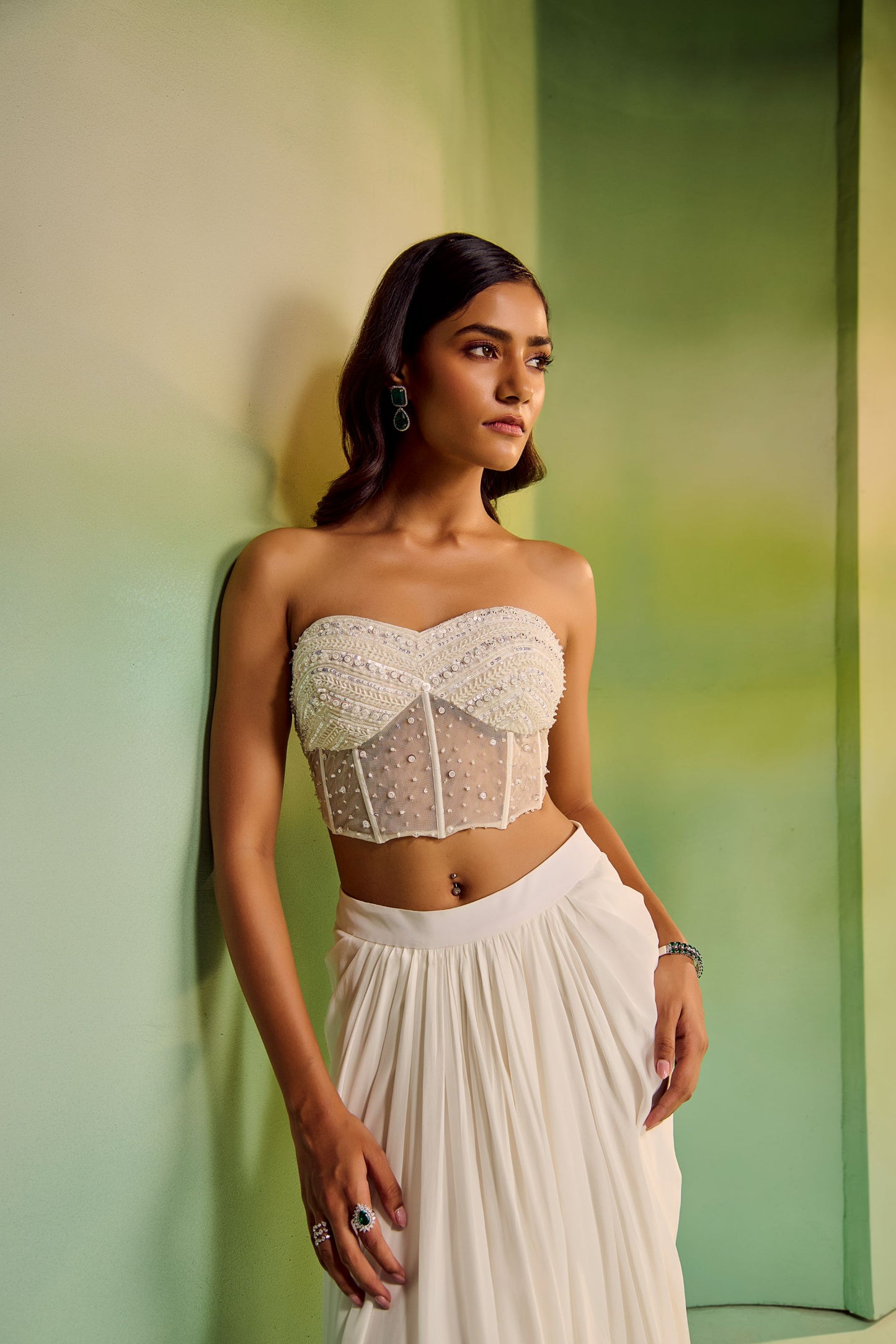 Corset with drape skirt and cape