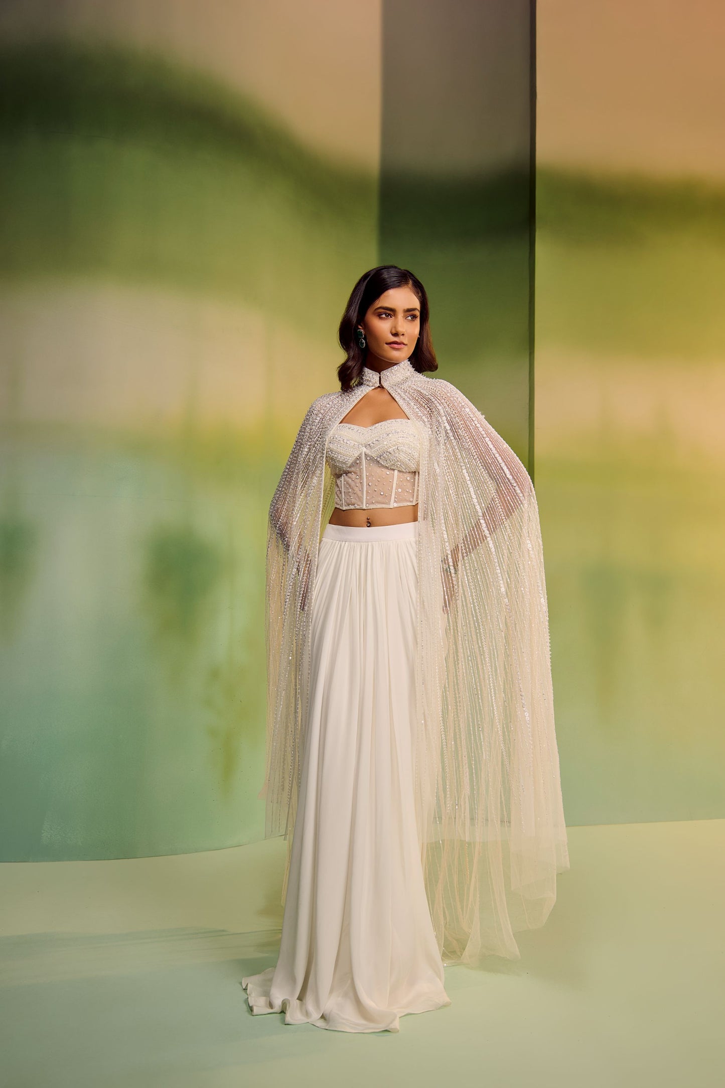 Corset with drape skirt and cape