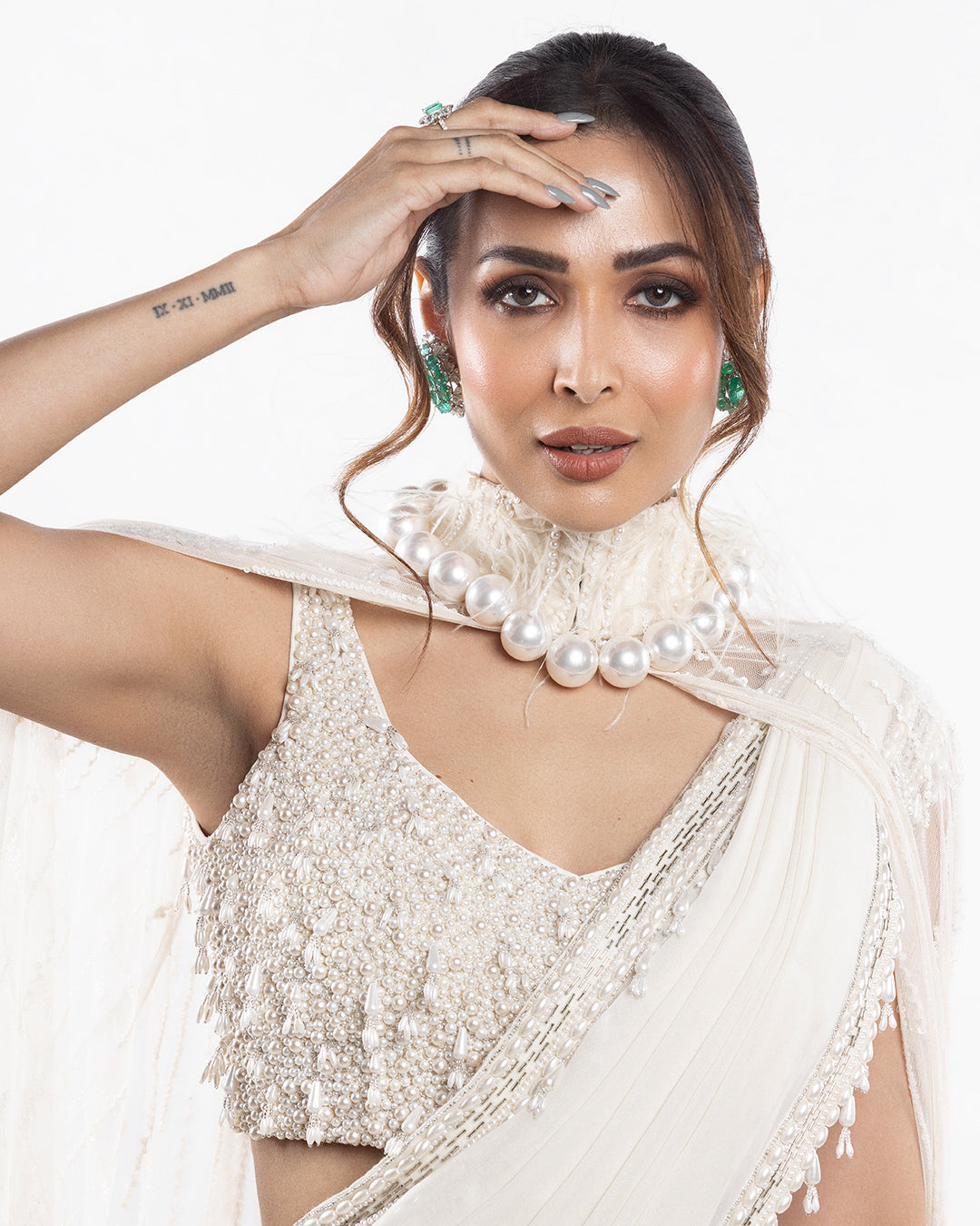 Malaika Arora in Ivory Foil Georgette Saree Set