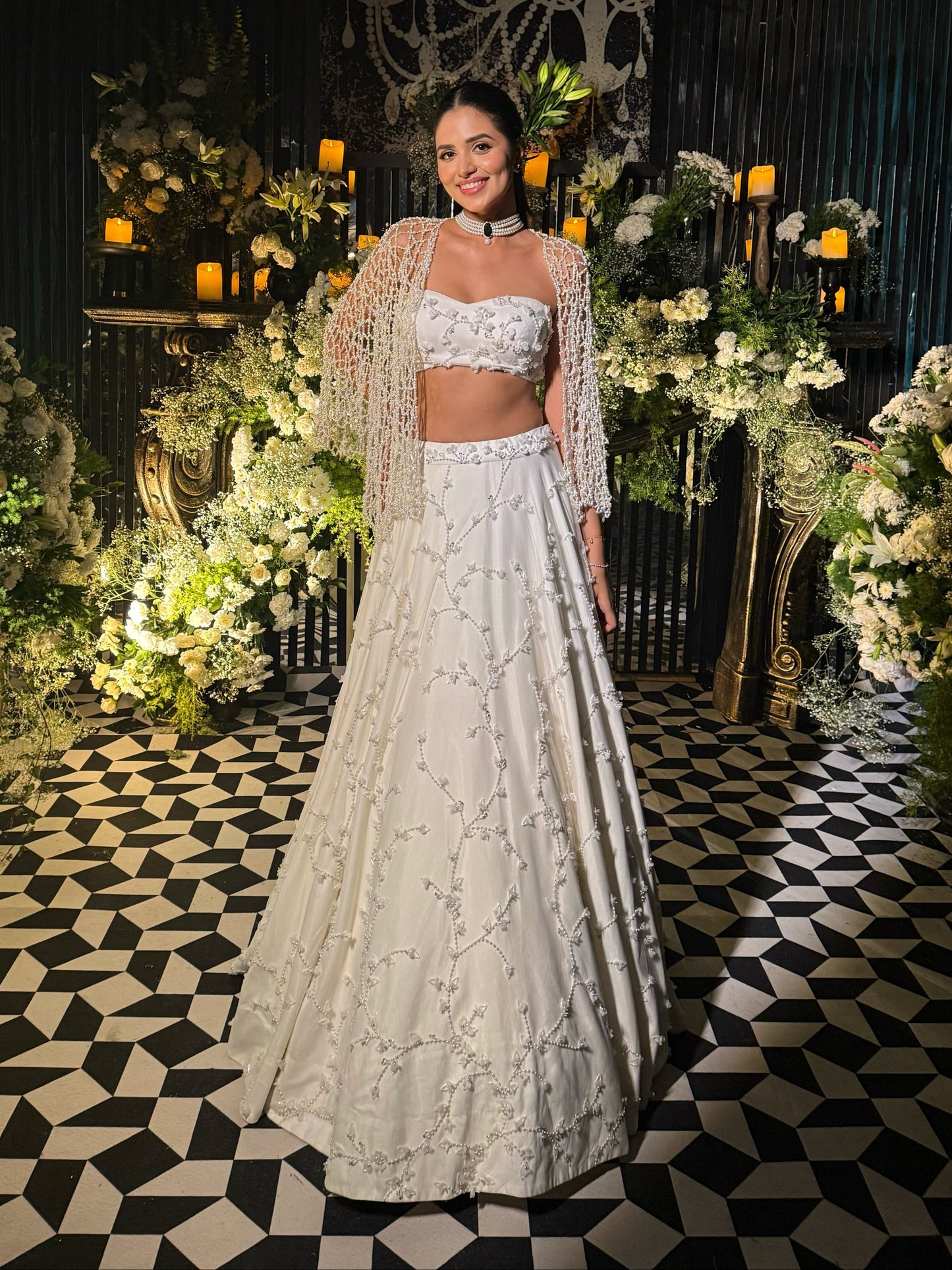 Ivory Net Hand Embroidered Lehenga Set