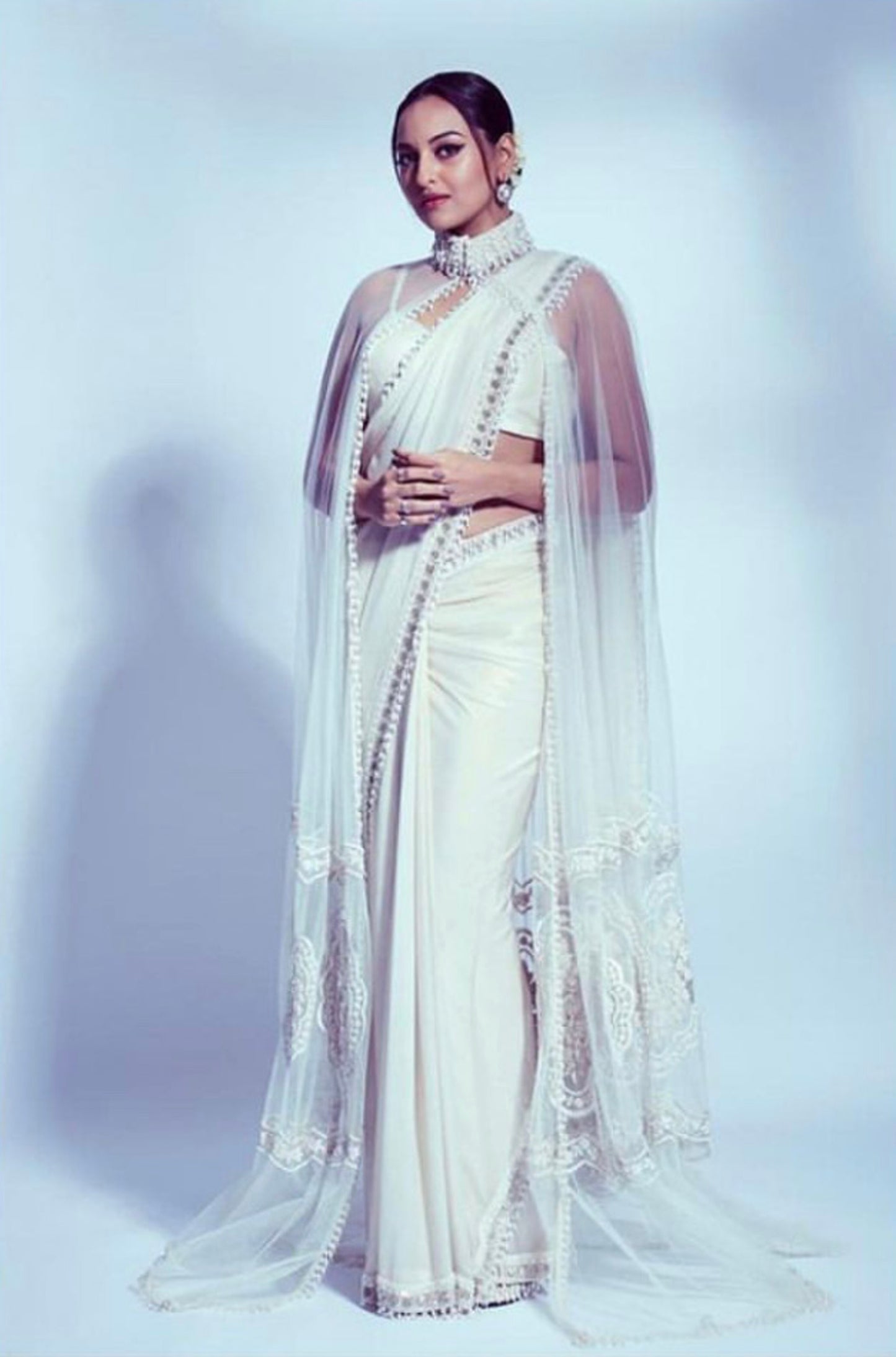 Sonakshi Sinha in White Foil Handwork Saree Set