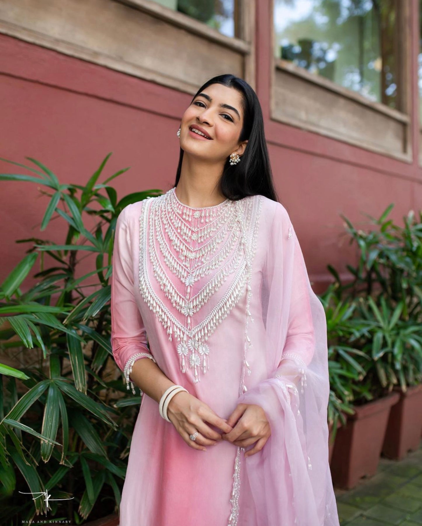 Rose Quartz Kurta Set With Pearls