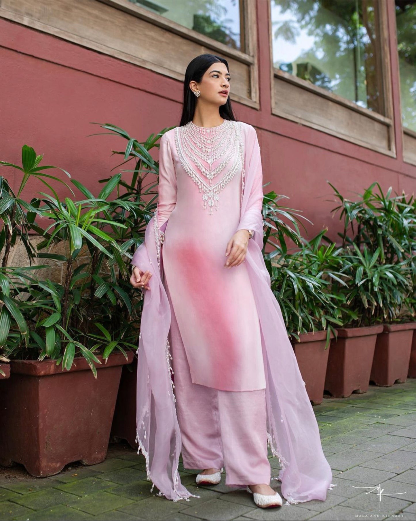 Rose Quartz Kurta Set With Pearls