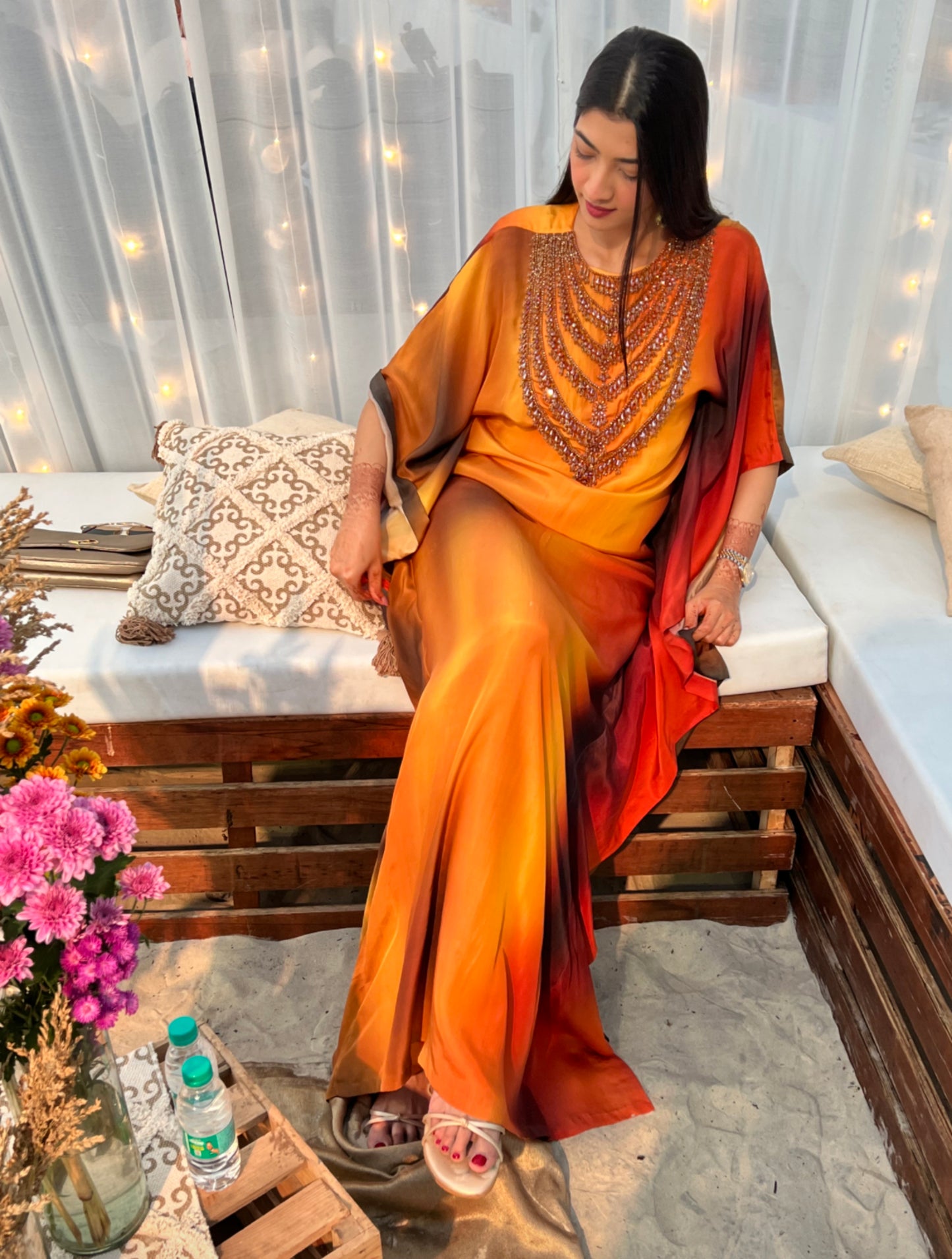 Yellow Habutai Silk Dyed & Embroidered Kaftan
