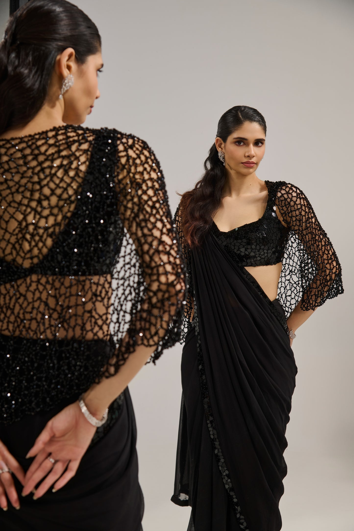 Black mirror saree set with
crystal cape
