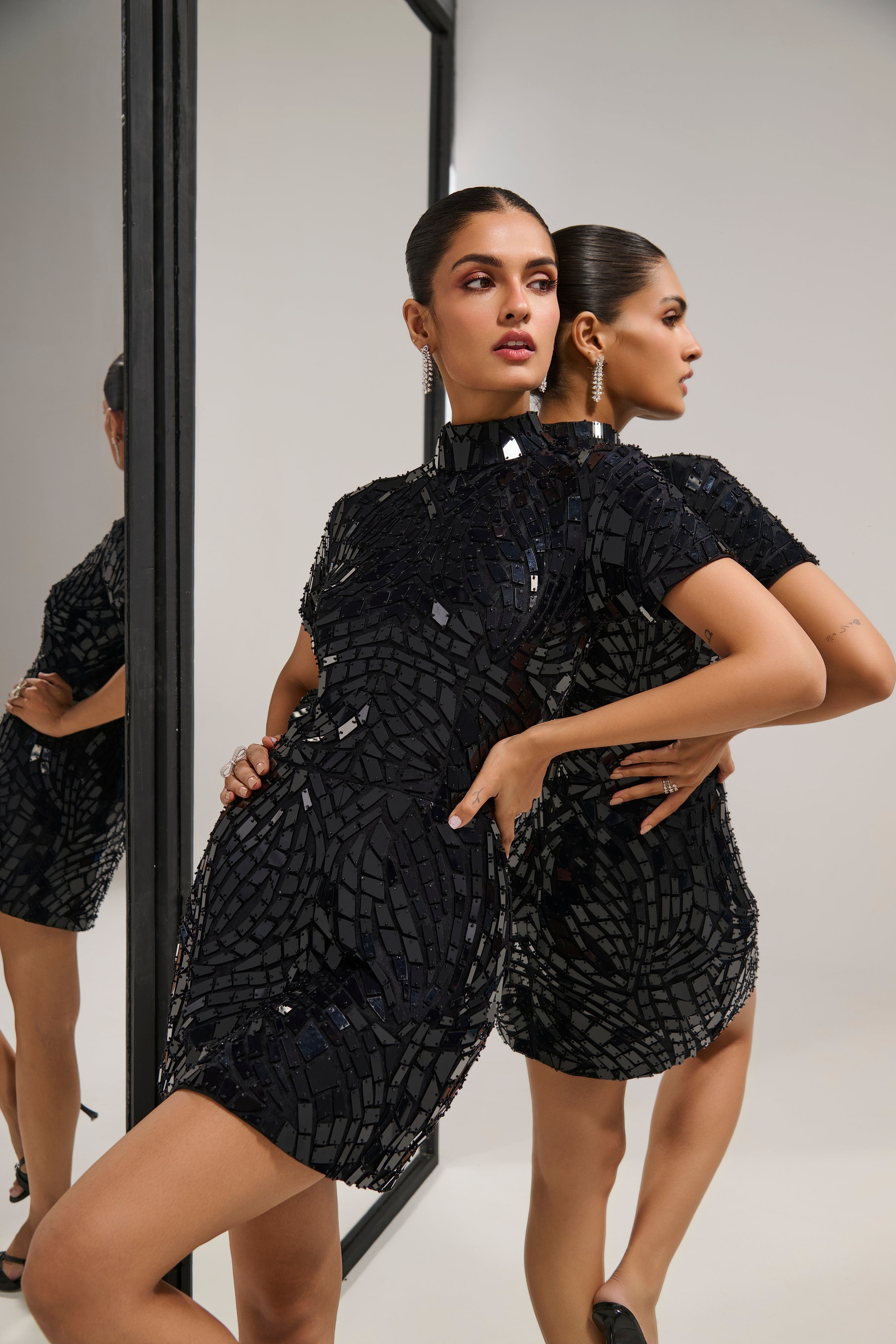 black mirrored dress Reflect Love Black Mirror Knitted Front Split Dress