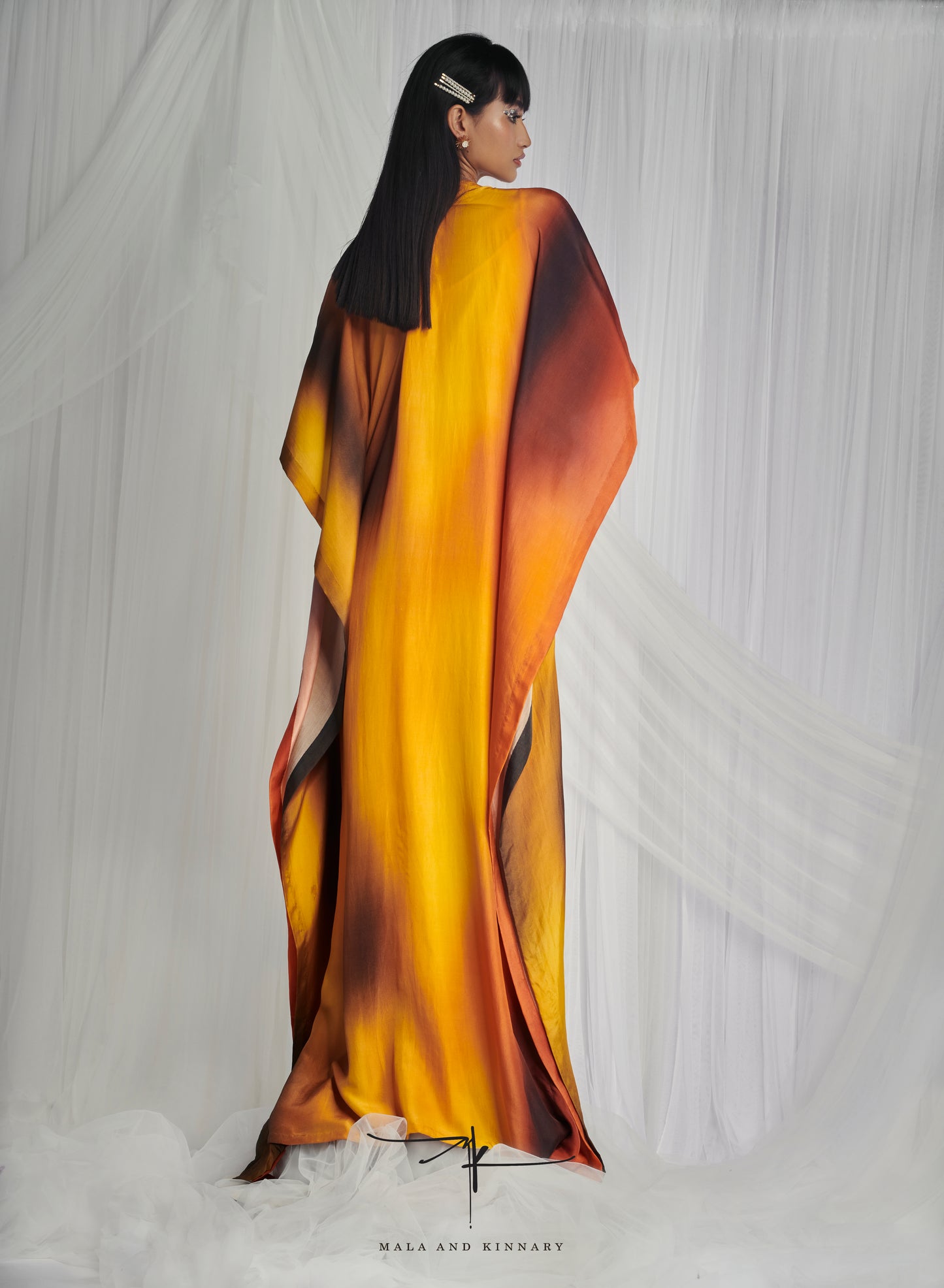 Hanna Khan in Yellow Habutai Silk Dyed & Embroidered Kaftan