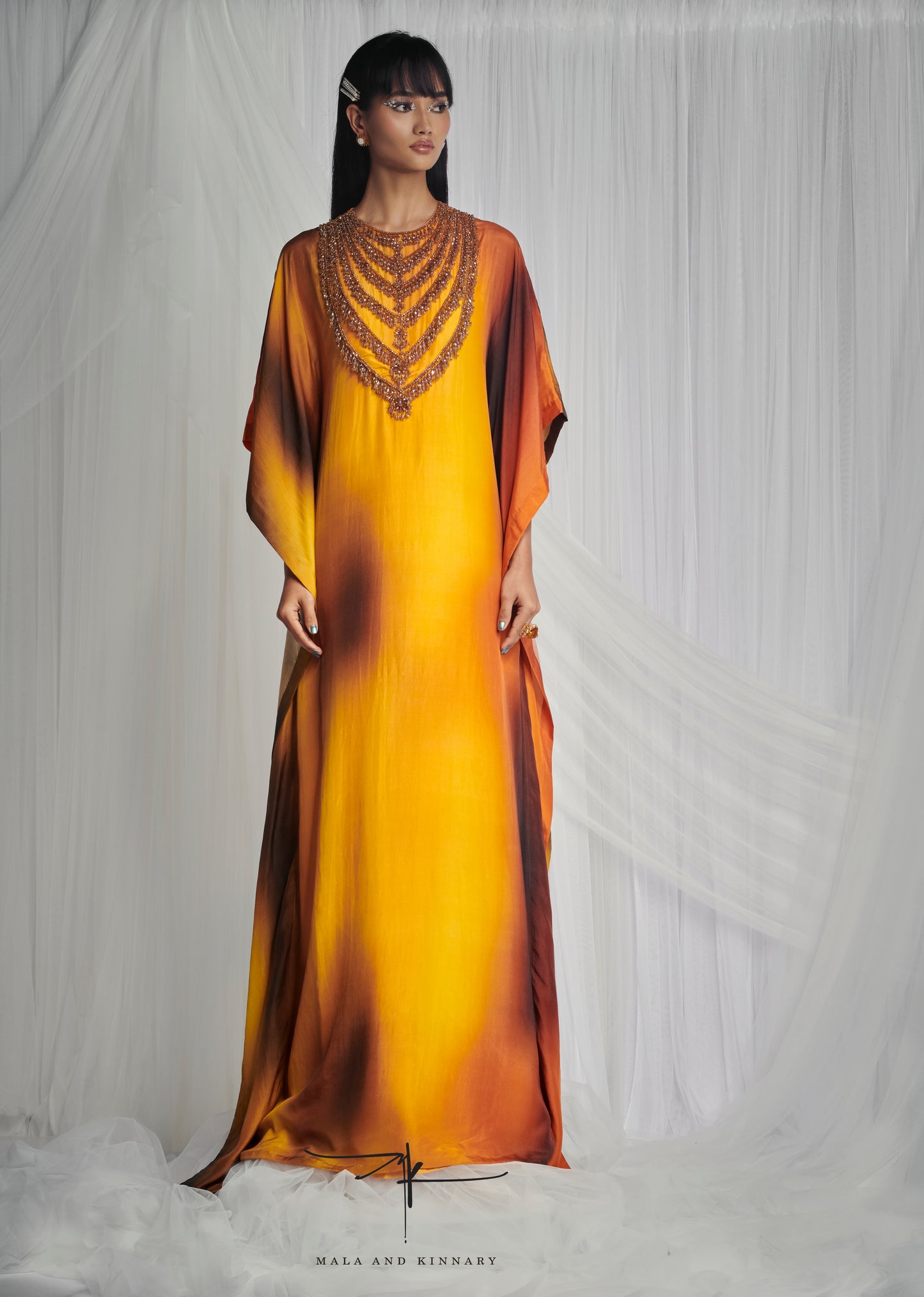 Yellow Habutai Silk Dyed & Embroidered Kaftan
