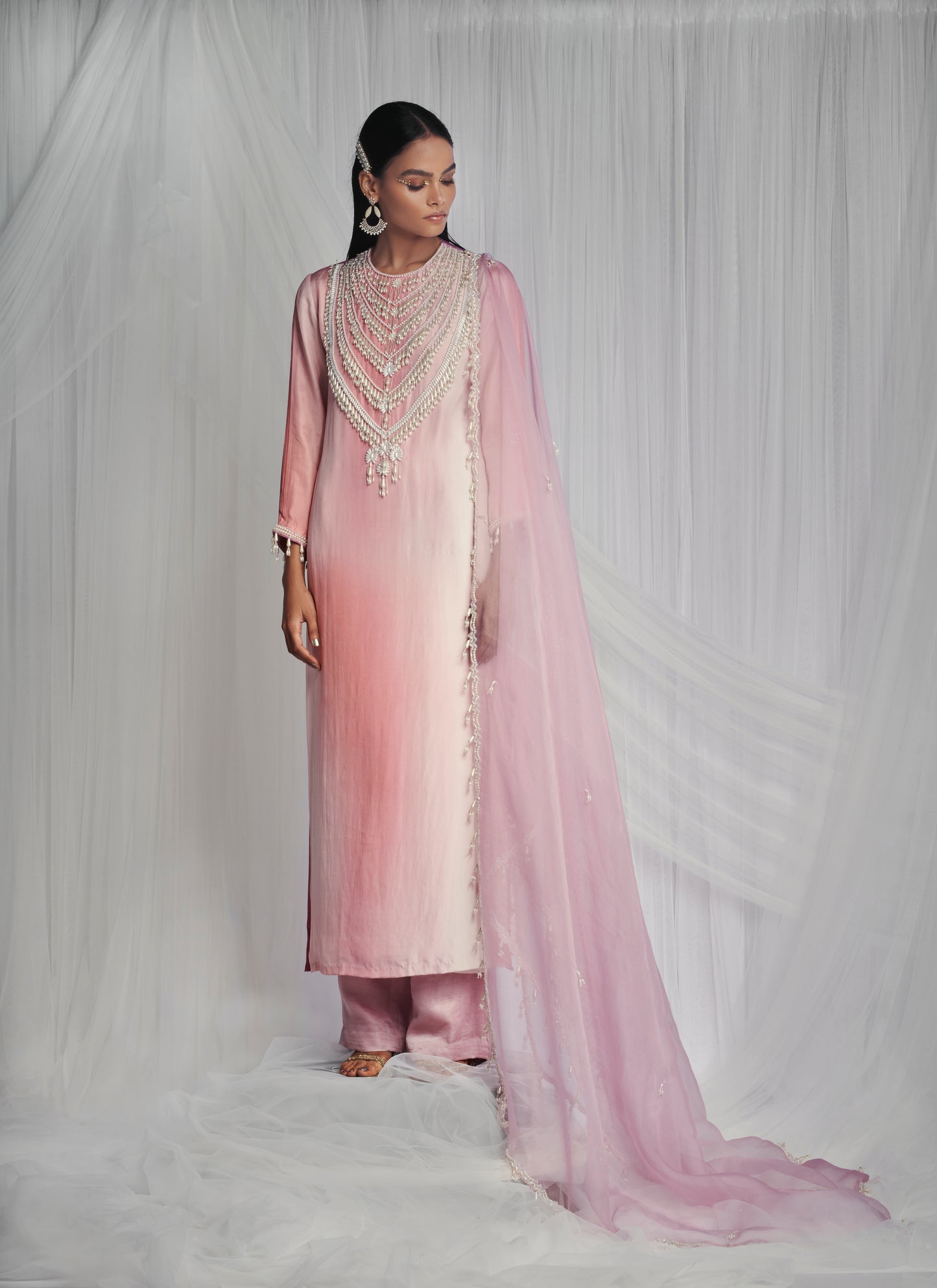 Rose Quartz Kurta Set With Pearls