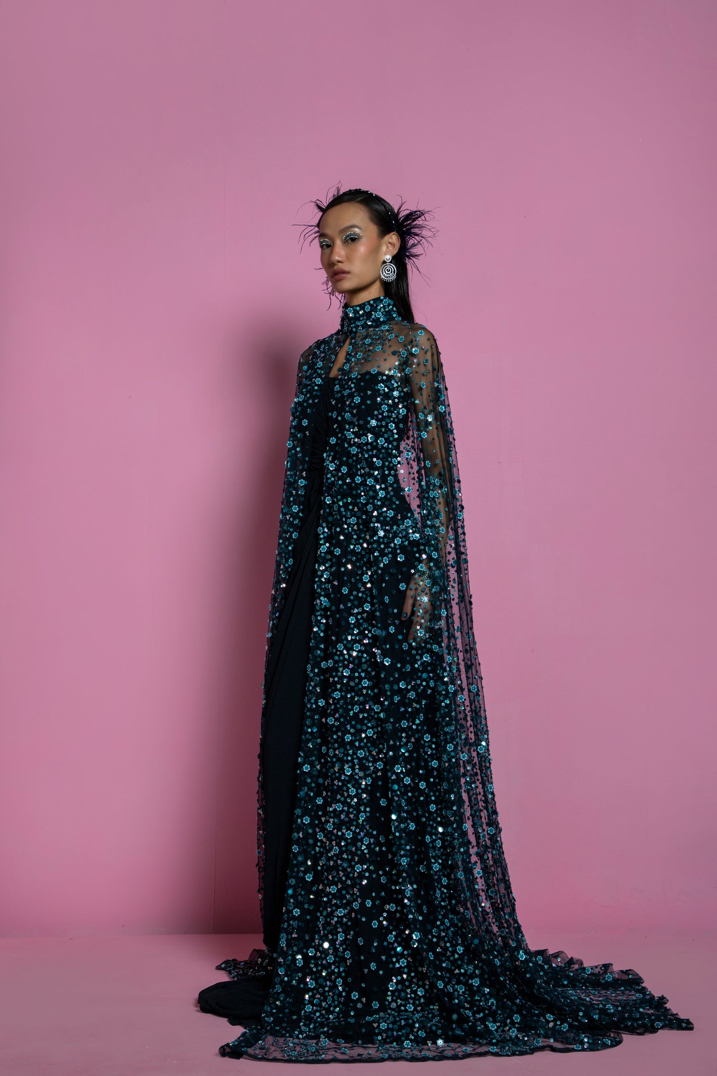 Midnight Teal Éclat Cape Gown