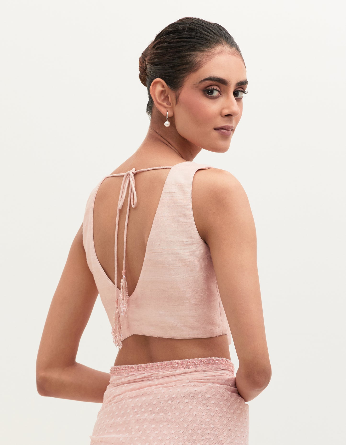 Pink Tulle Embroidered Saree Set