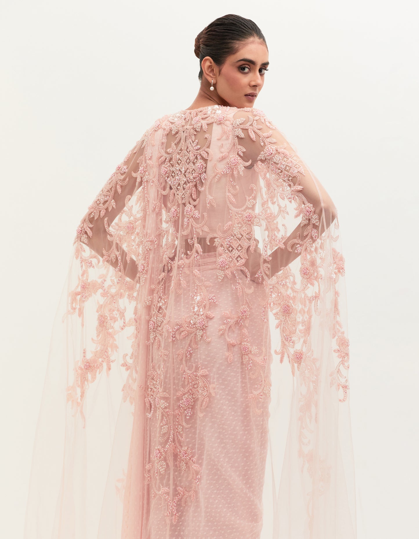 Pink Tulle Embroidered Saree Set