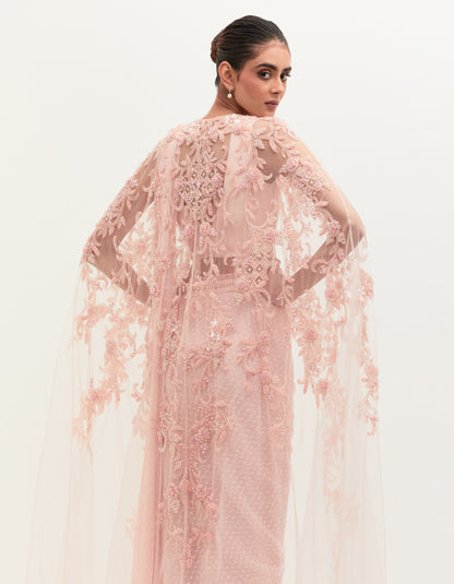 Pink Tulle Embroidered Saree Set