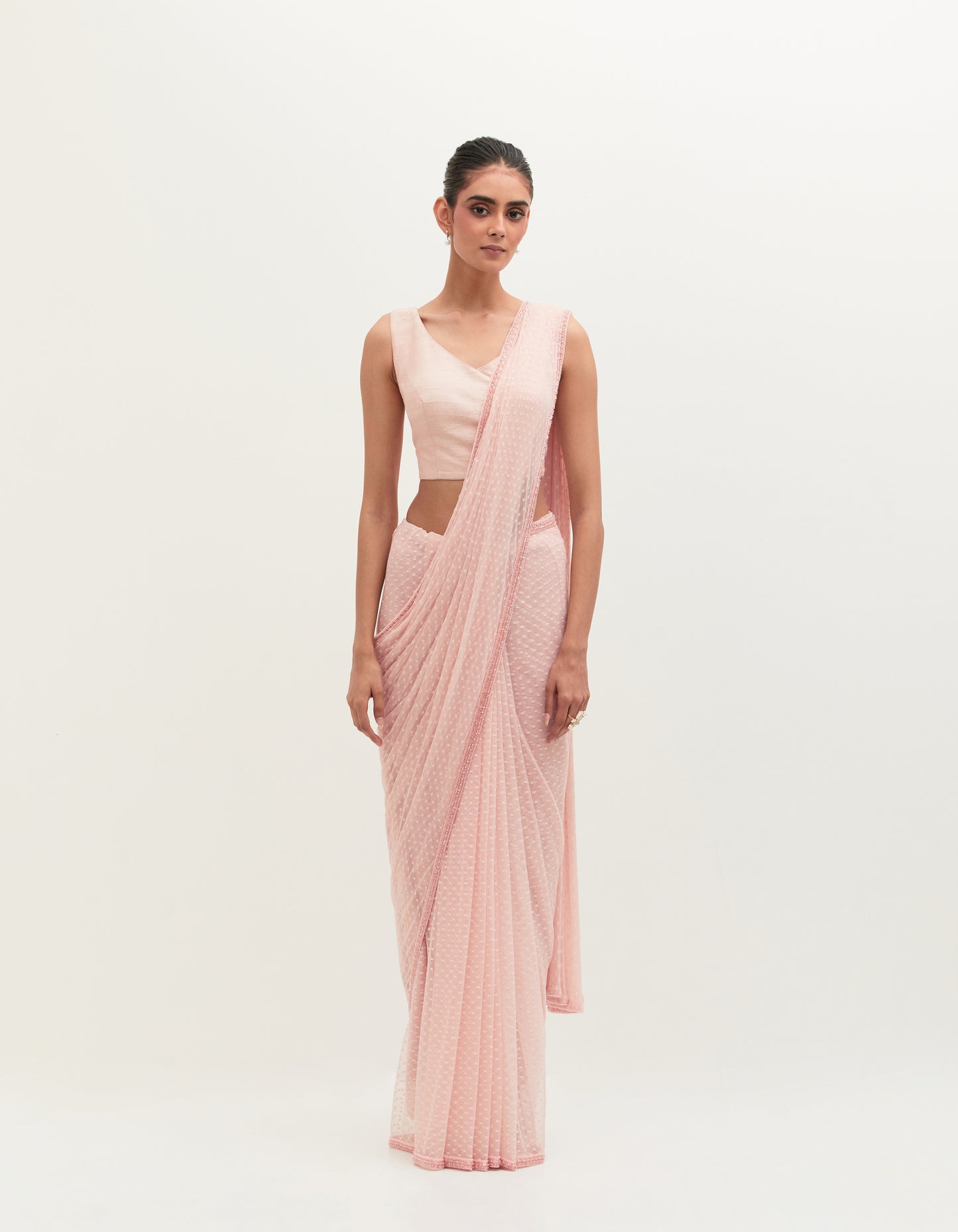 Pink Tulle Embroidered Saree Set
