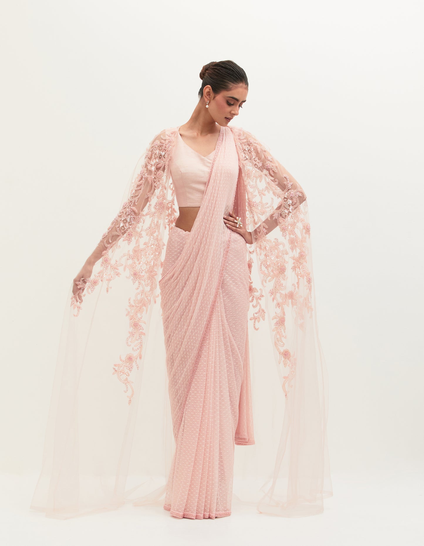 Pink Tulle Embroidered Saree Set