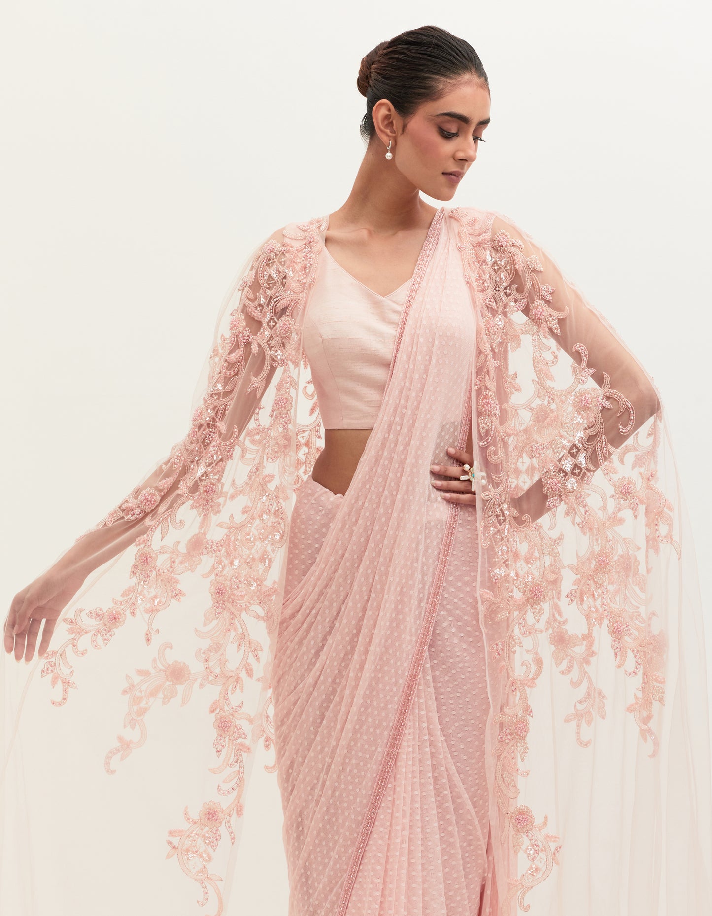 Pink Tulle Embroidered Saree Set