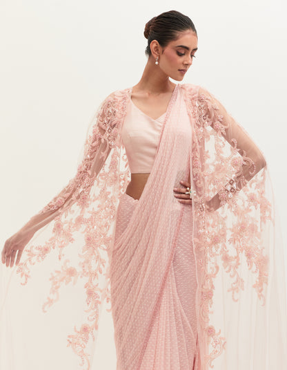 Pink Tulle Embroidered Saree Set