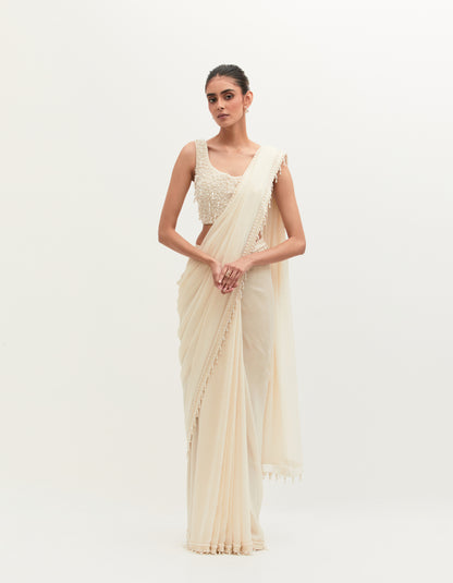 Ivory Georgette Embroidered Saree Set