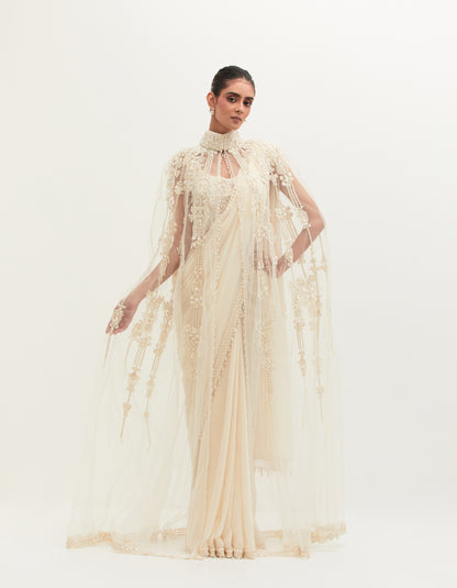 Ivory Georgette Embroidered Saree Set