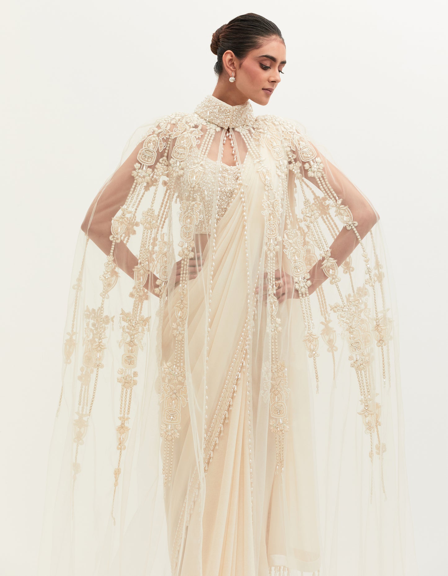 Ivory Georgette Embroidered Saree Set