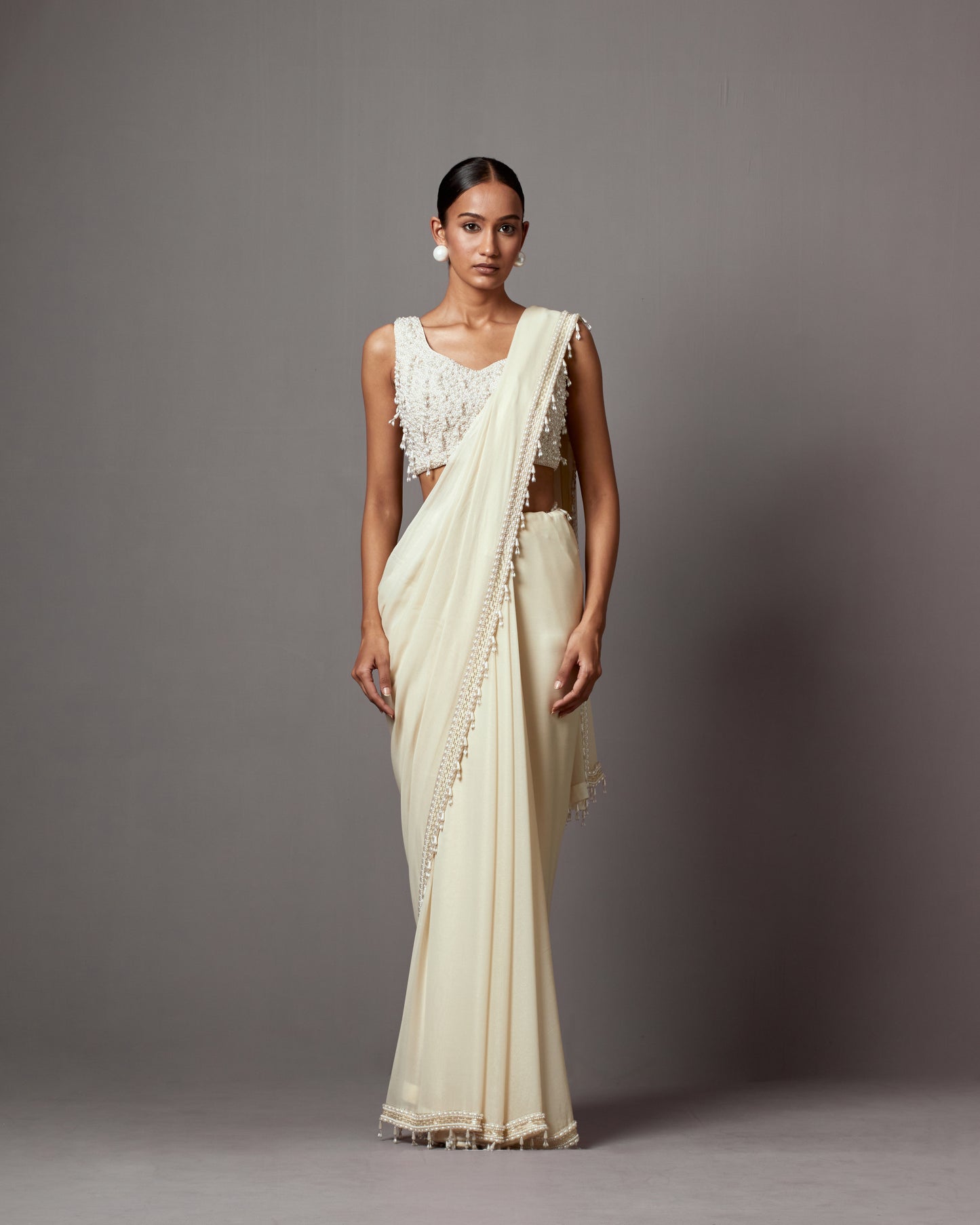 Ivory Foil Georgette & Net Pearl Handwork Jacket Saree Set