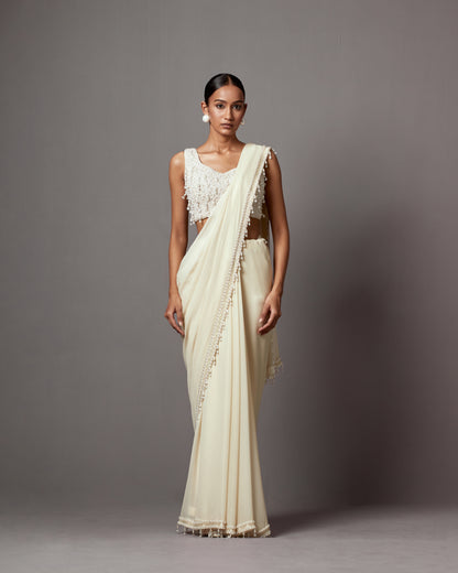 Ivory Foil Georgette & Net Pearl Handwork Jacket Saree Set