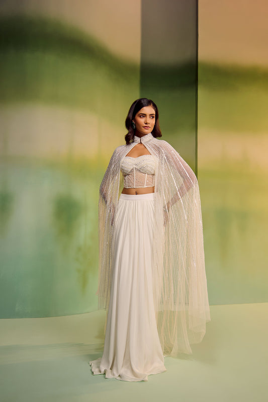 Corset with drape skirt and cape