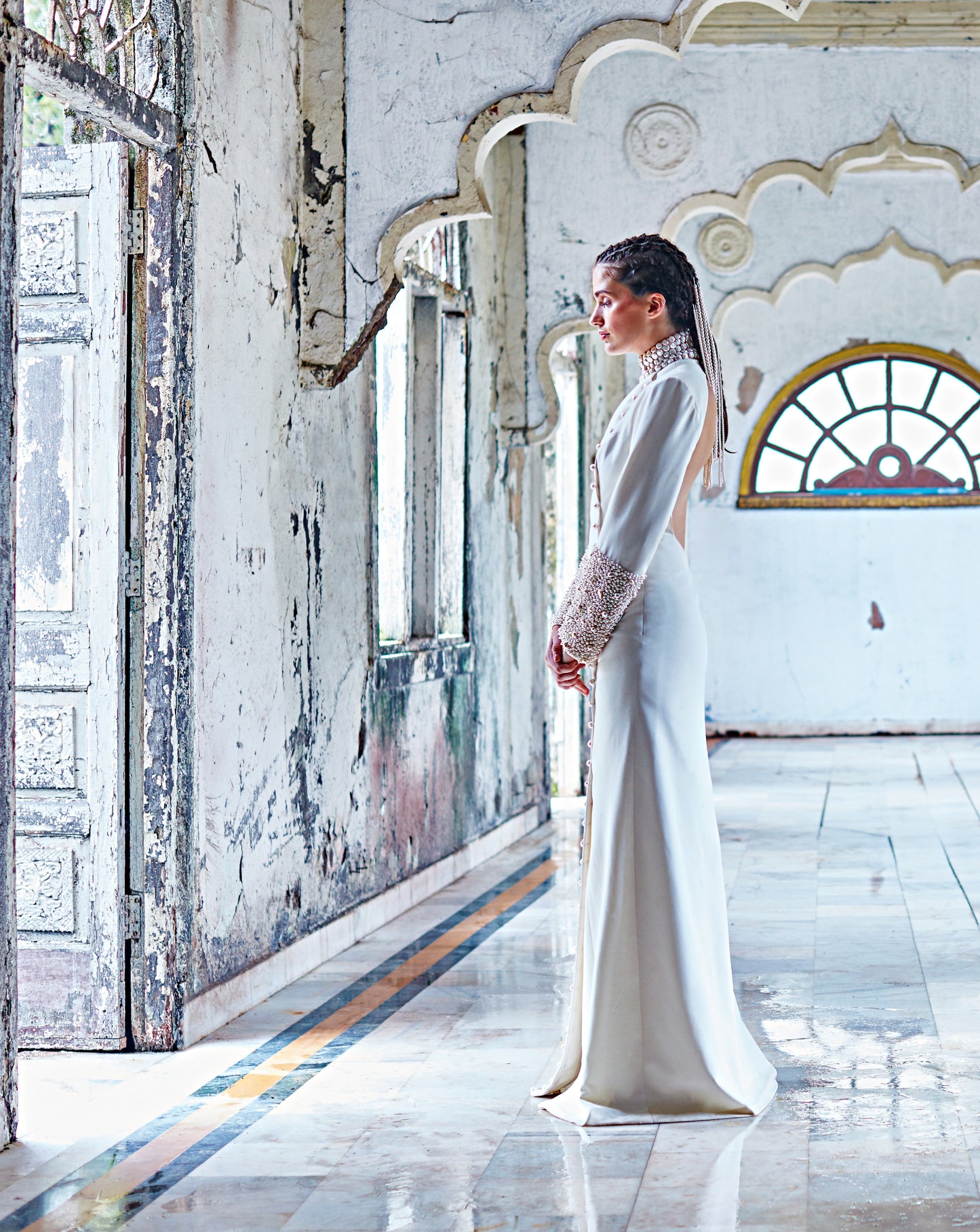 White Embellished Jacket Gown