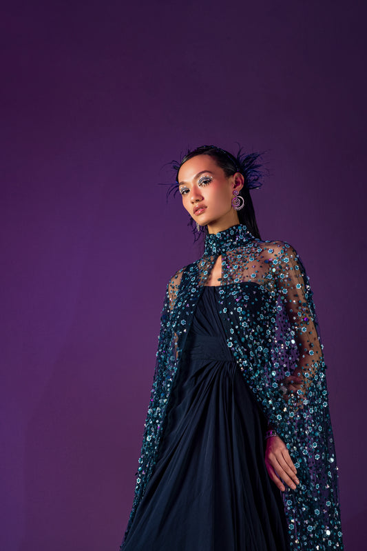 Midnight Teal Éclat Cape Gown