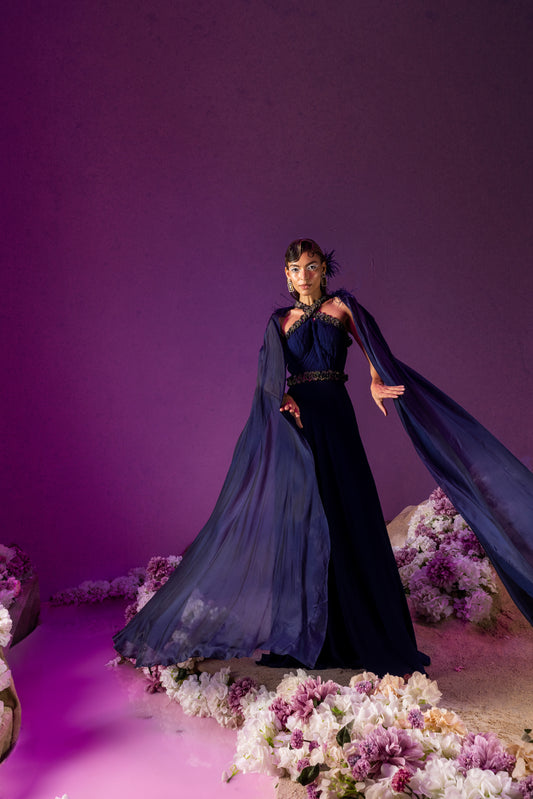 Marine Éclat Cape Gown