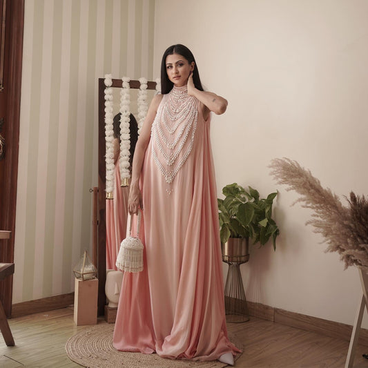Sukhneet Wadhwani in Our Rose Quartz Pearl Cascade Mala Maxi