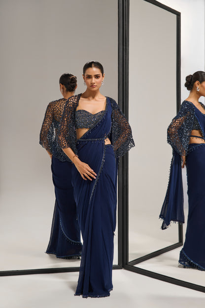 Navy blue saree set with
 crystal cape