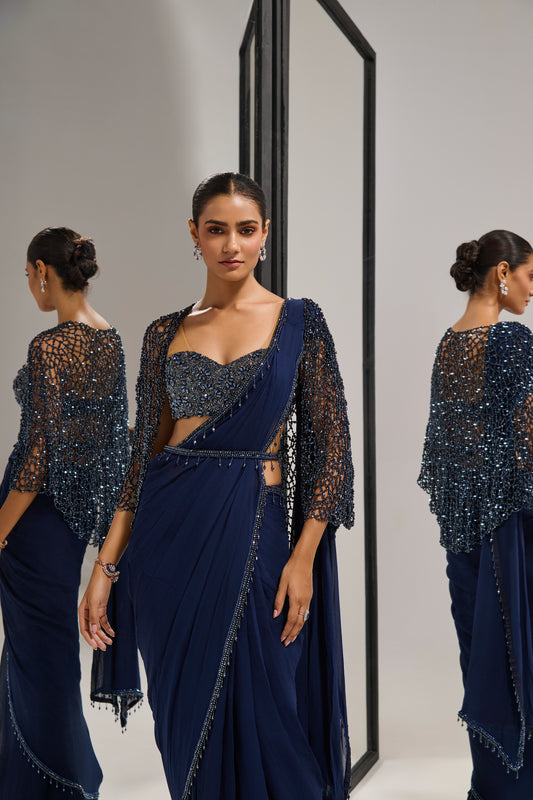 Navy blue saree set with
 crystal cape