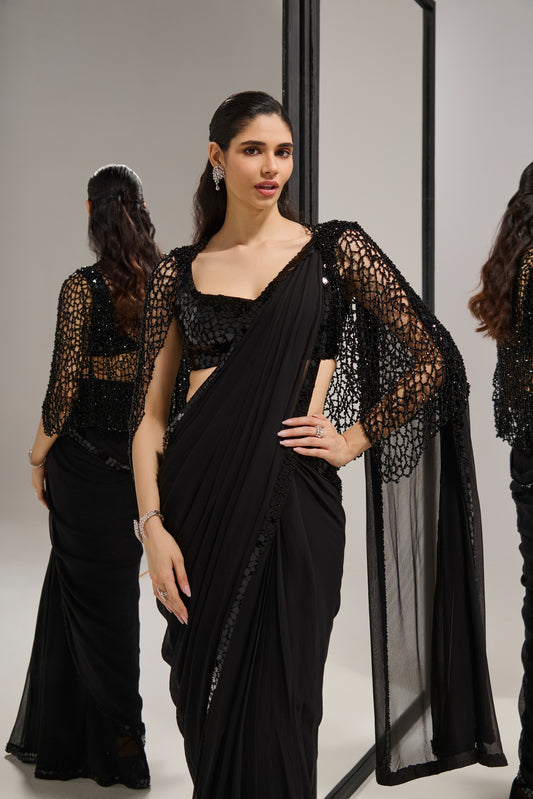 Black mirror saree set with
crystal cape