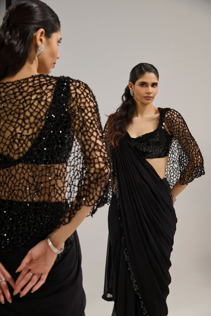 Black mirror saree set with
crystal cape