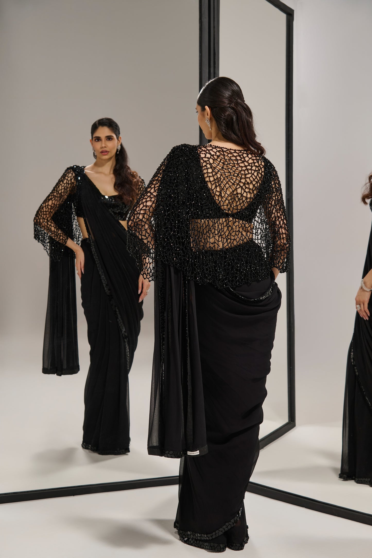 Black mirror saree set with
crystal cape