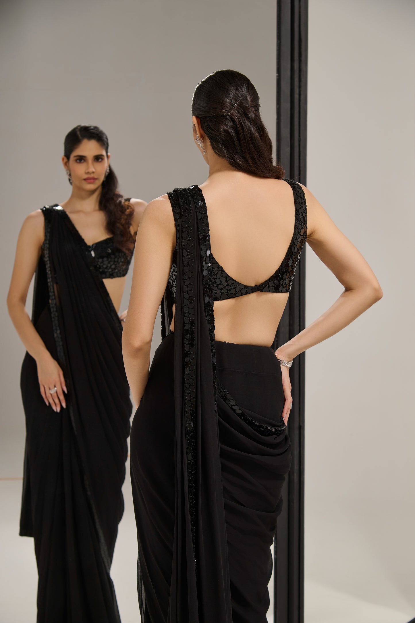 Black mirror saree set with
crystal cape