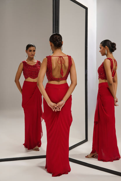 Red blouse + draped skirt