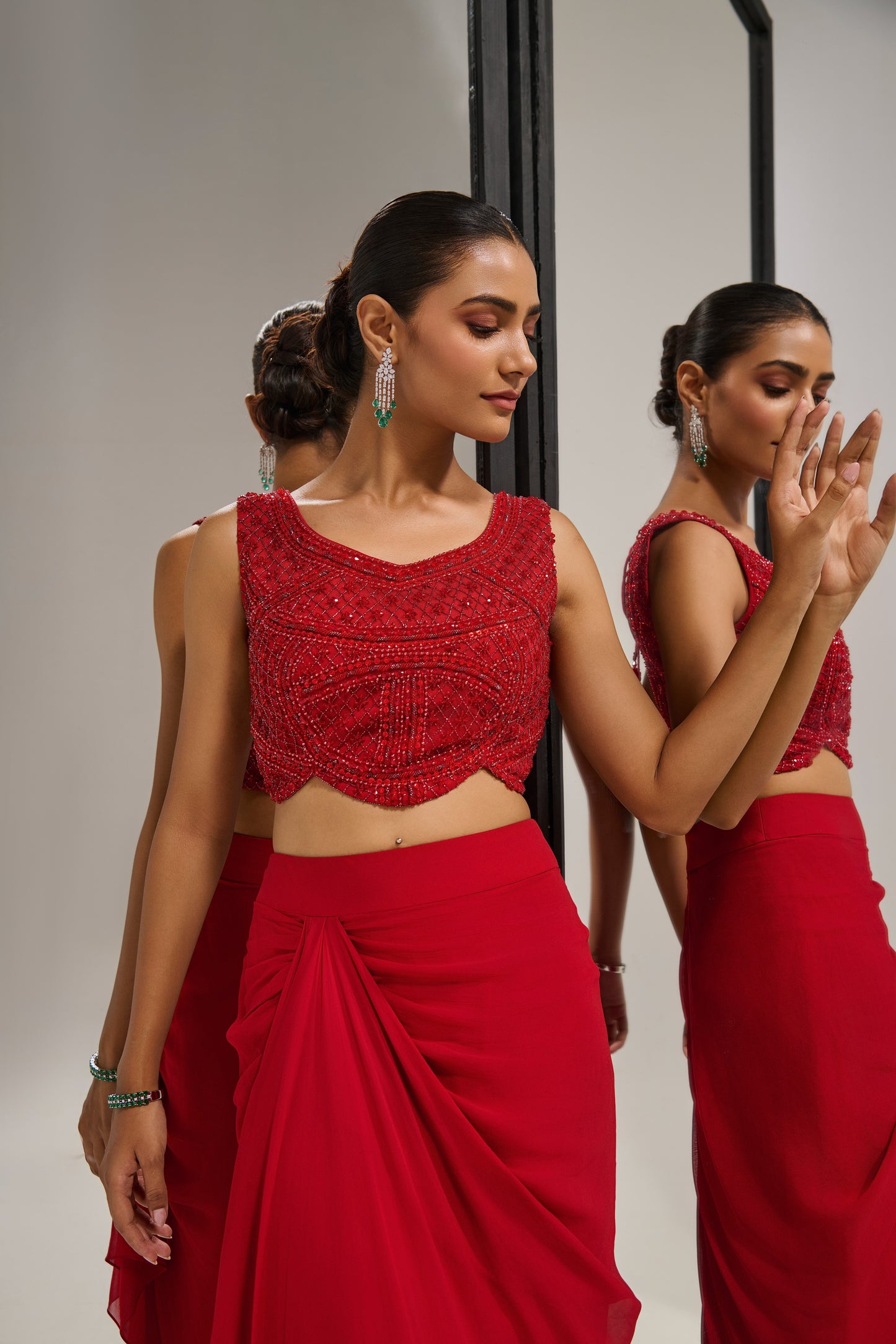 Red blouse + draped skirt