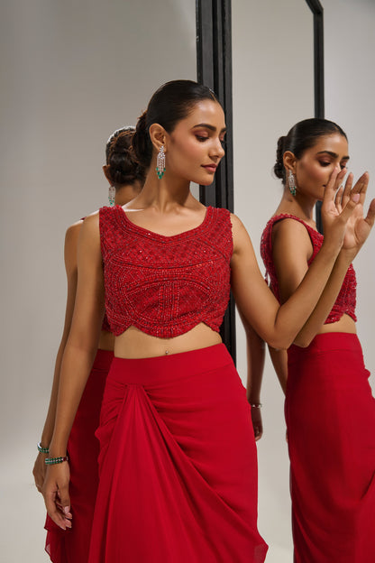 Red blouse + draped skirt