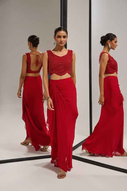 Red blouse + draped skirt