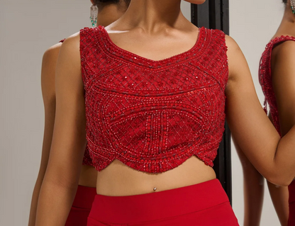 Red blouse + draped skirt