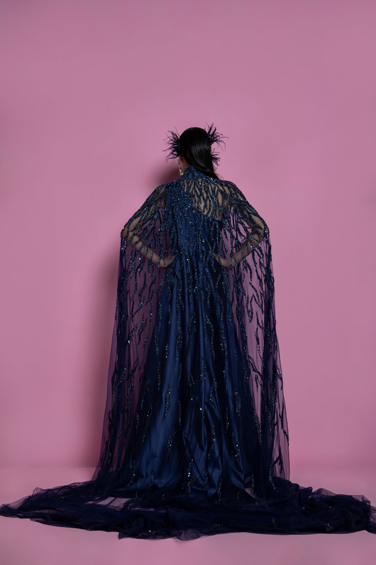 Dark Blue Satin Draped Gown With Cape