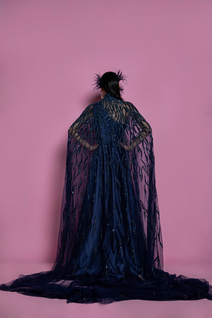 Dark Blue Satin Draped Gown With Cape