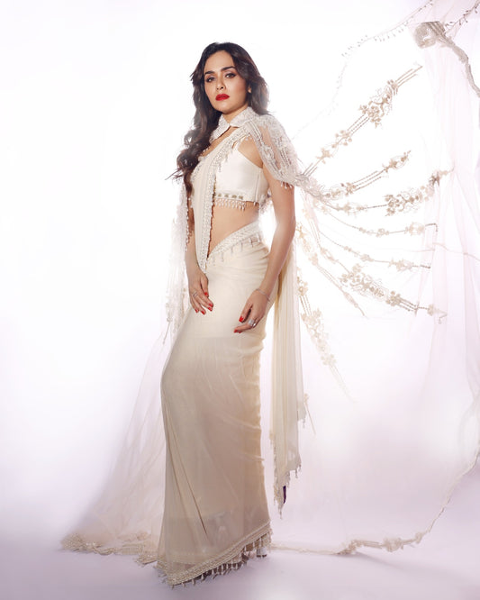 Amruta Khanvilkar in Our Ivory Opaline Cape Saree Set